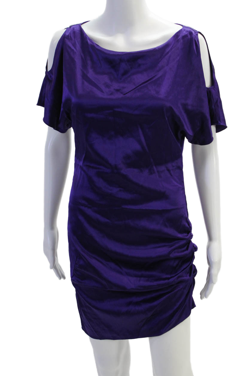 Alice + Olivia Womens Boat Neck Cold Shoulder Ruched Mini Dress Purple Sz S