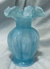 Fenton Light Blue Art Glass Melon Vase White Ruffled Edge 5”H 4”D
