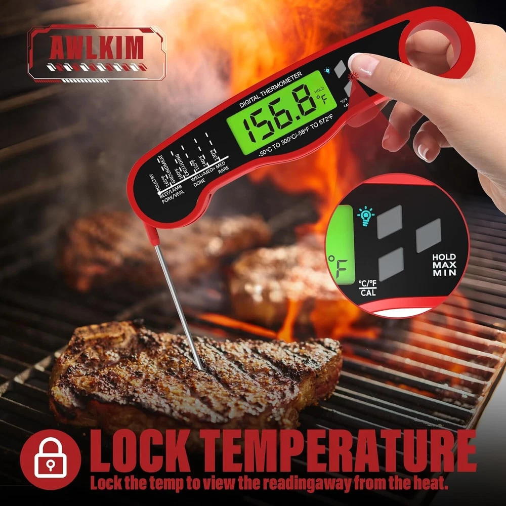 Meat Thermometer Digital - Waterproof Kitchen Thermometer with Backlight & Hold