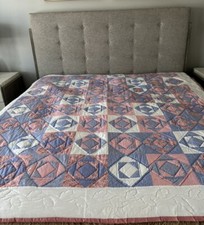 Vintage Machine Sewn Diamond Patchwork Quilt 80  x 80  Pink Blue Sz Full Double