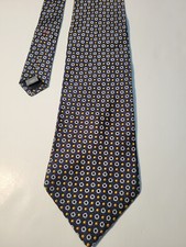 Lord & Taylor Mens Tie 100% Silk Made in USA Geometric Blue, Gold, White