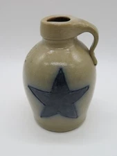 1994 Maple City Pottery USA Jug Salt Glaze with Blue Star Monmouth Illinois 5.2"