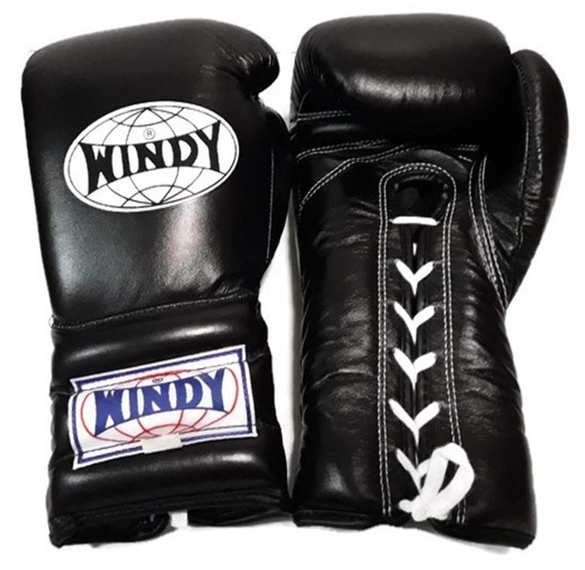 WINDY BOXING GLOVES LACE UP BGL BLACK 20 OZ. MUAY THAI MMA SHIPS BY DHL