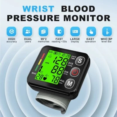 Backlit LCD Digital Wrist Blood Pressure Monitor Heart Rate BP Machine Cuff