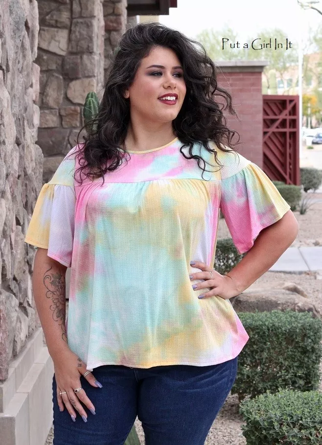 New PLUS SIZE Womens PINK MULTI TIE DYE RUFFLE SLEEVE BABYDOLL TUNIC 1X 2X  3X