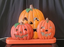 Vtg Ceramic Light -Up Jack-O-Lantern Pumpkin Trio Double sided display w/Base