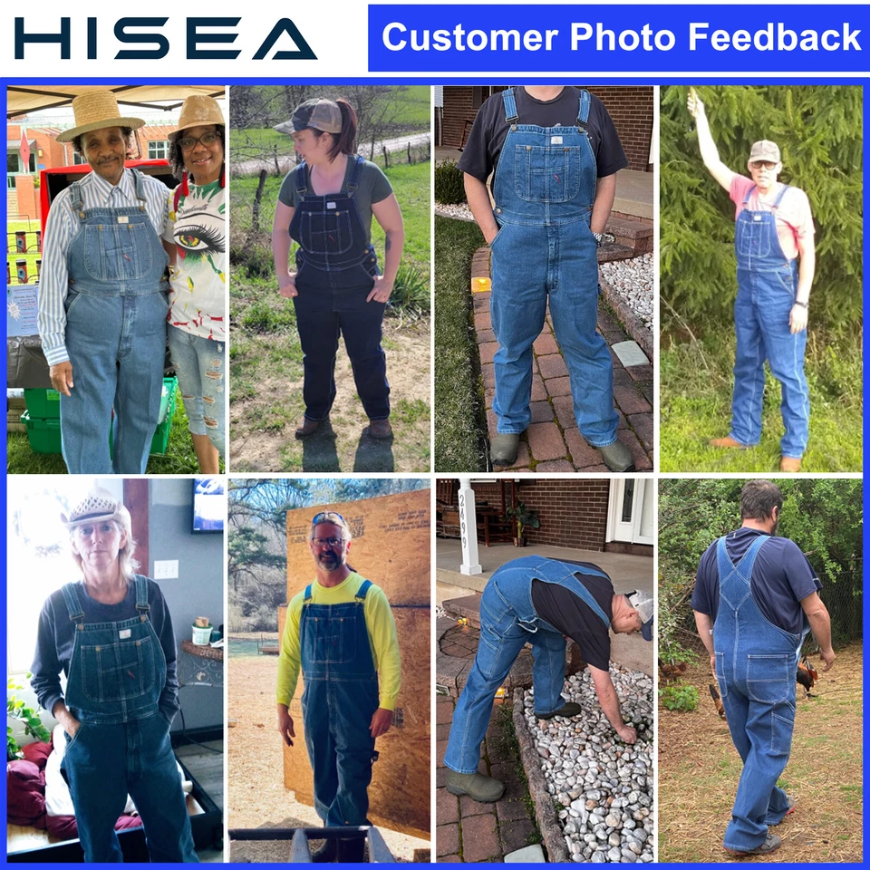 HISEA Men Denim Bib Overalls Dungarees Heavy Duty Workwear Pants Jumpsuit Jeans - Image 4 of 4