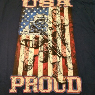 USA PROUD American Flag Soldiers T Shirt Small Dark Blue Lrg