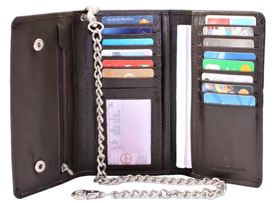 RFID Signal Biker's Trucker Brown Cross Embossed on Leather Trifold Chain Wallet - Image 2 of 4