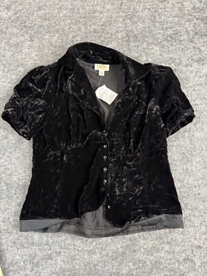 Talbots Blouse Women 12 Black Velvet Button Up Top Rayon Silk Shirt N183 