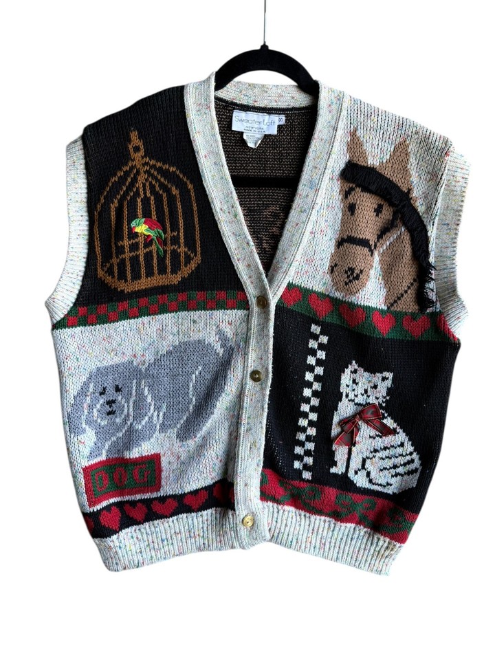 A Loft knit vest covered in horses, cats, dogs, and birds — a maximalist animal lover's dream in vintage novelty form.