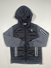 Reebok Jacket Youth 10/12 L Black Gray Hooded Puffer Full Zip Reflective Trim