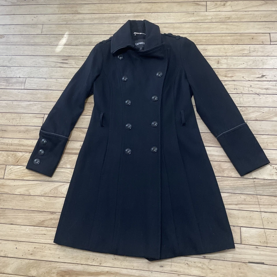 Chaquetón de lana Express para mujer S negro línea de 10 botones abrigo pesado sin cinturón Foto 3 de 4