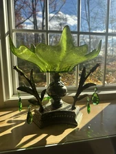 Vintage Hollywood Regency Large Green Lotus Flower Glass Ornate Brass Base