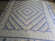 Vintage Handmade Patchwork 120" 117" King Quilt Diamond Floral Blue Bedspread
