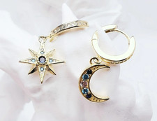 925 Sterling Silver Moon Star Blue Gem Hoop Dangle Earrings Yellow