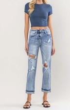 Vervet By Flying Monkey High Rise Cuffed Distressed Paint Boyfriend Jeans Blue