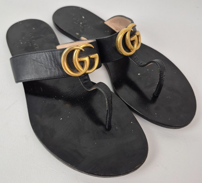 Gucci Women's Black Marmont Leather Thong Sandals Flip Flops Double GG Size 36