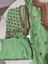 Women  s Green Embroidered Satin Salwar Kameez Set Unstitched Synthetic