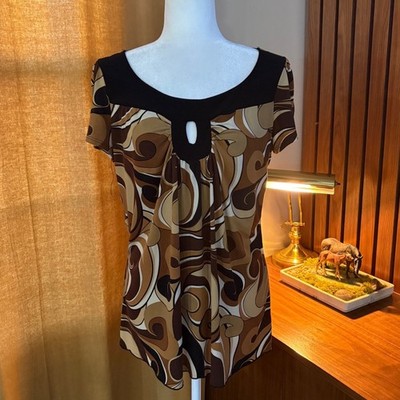 Vtg Perception Concept Womens Brown Swirl Psychedelic Keyhole Blouse L