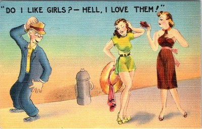 PIN UP GIRLS, ''Do I Like Girls? - Hell, I Love Them!'' Linen COMIC Postcard