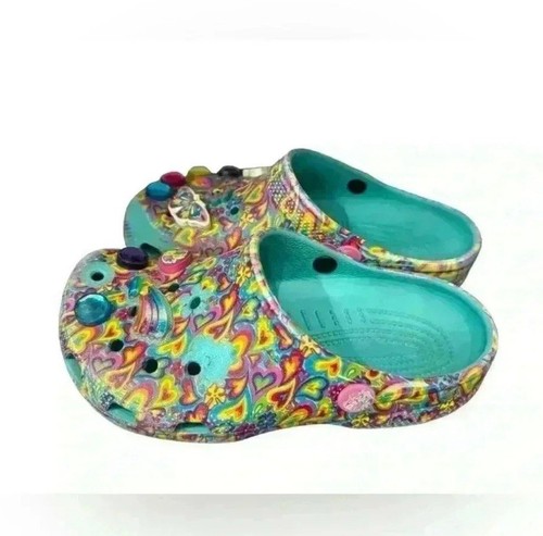 Crocs Kids Lisa Frank Clogs Sz J 1 Multi-Color/Blue With Jibbitz - Picture 2 of 5