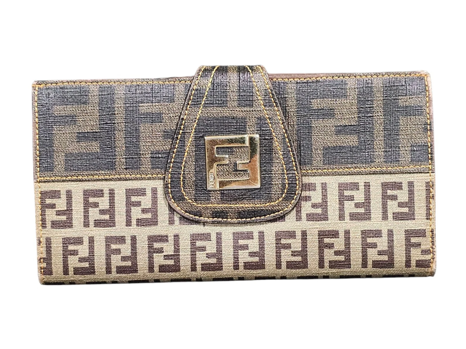 FENDI Zucca Portafoglio Lungo Zucchino Rivestito Tela Baguette Patta Continentale Logo FF