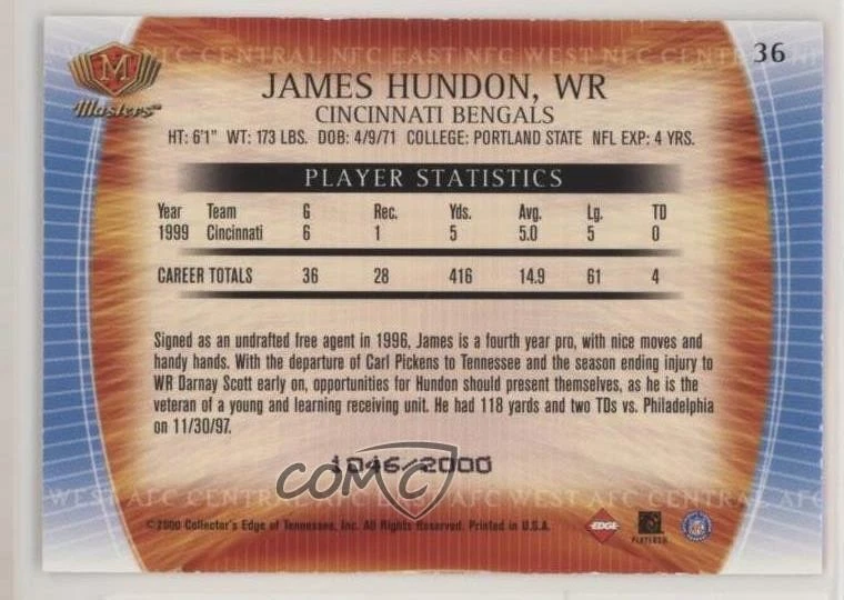 2000 Collector's Edge Masters /2000 James Hundon #36 - Image 2 of 2