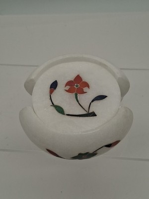 White Marble Floral Inlay Coaster Set Handmade Stone Inlay Work Tea Coaster Sets