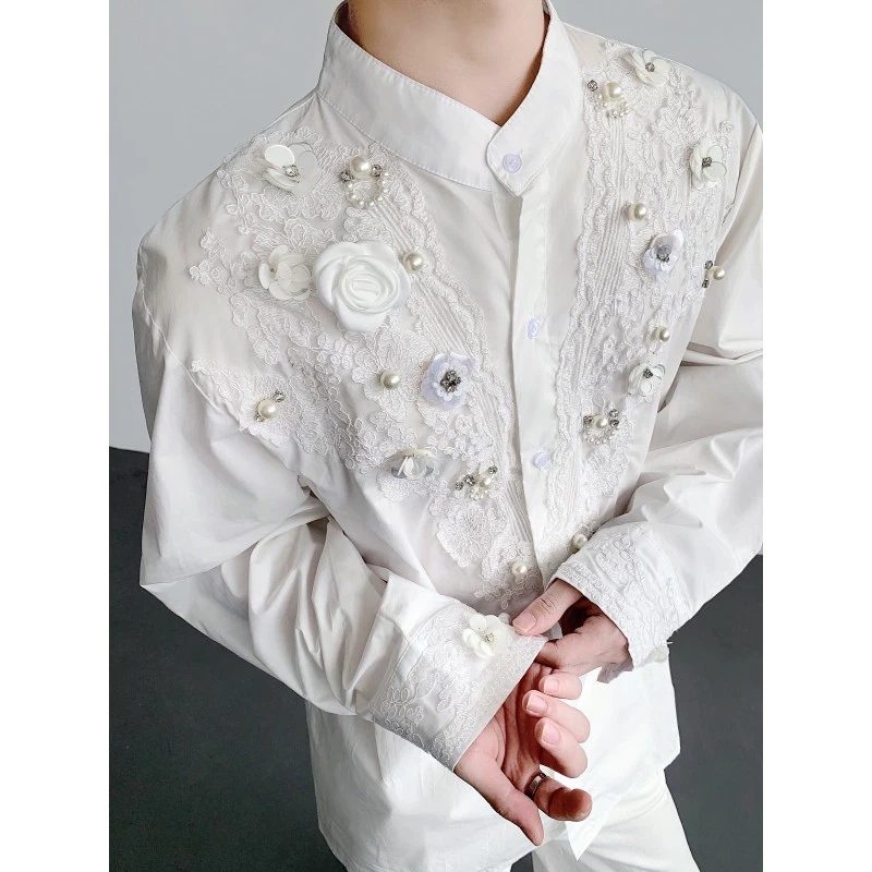 Luxury Lace Shirt Mens French Retro White Shirt Stand Collar Flower Party Shirts - Image 2 of 4