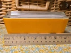 Pyrex Vintage 1-1/2 Pint Yellow Refrigerator Dish 0502 Ridged Lid Mid Century US
