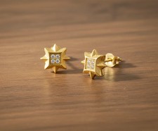 Solid 14K Yellow Gold Micropav  CZ Stud Push Back Earrings Star Shaped Studs