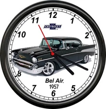 Licensed 1957 Chevy Bel Air Belair Sedan Black General Motors Sign Wall Clock
