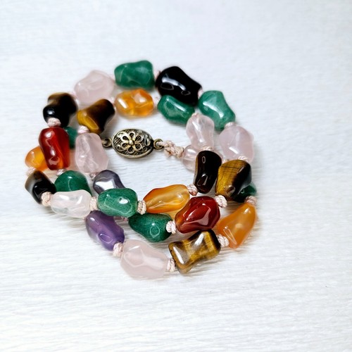 Vintage Chinese Necklace Mixed Gemstone Graduated Knuckle Beads Gilt Clasp