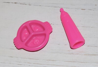 BARBIE KELLY KRISSY BABY ACCESSORIES * BRIGHT PINK FEEDING DISH & BOTTLE