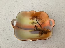 NORITAKE ANTIQUE HAND PAINTED HANDLED BOWL —WINDMILL BY THE LAKE