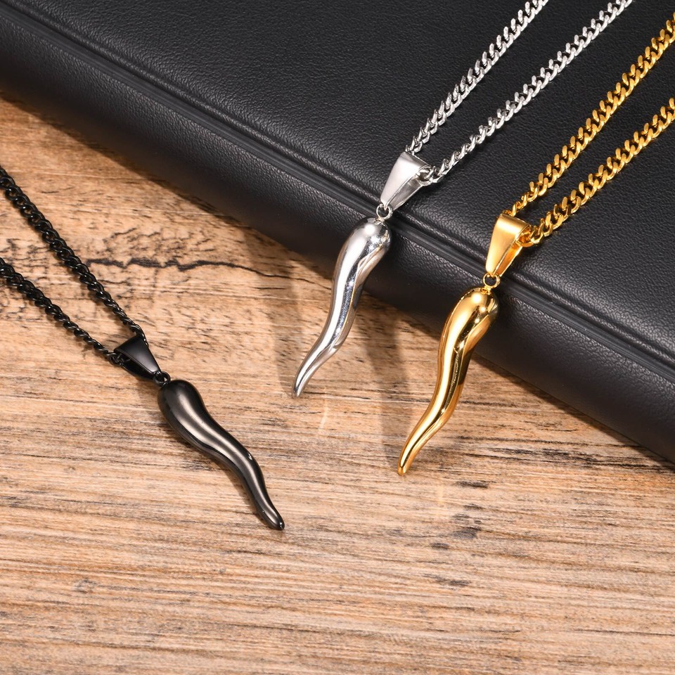 Simple Personality Stainless Steel Italian Horn Pendant Mens Necklace