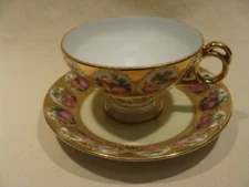 LEFTON China Set Cup & Saucer Victorian People In Cameo Gold Trim Gold Handle