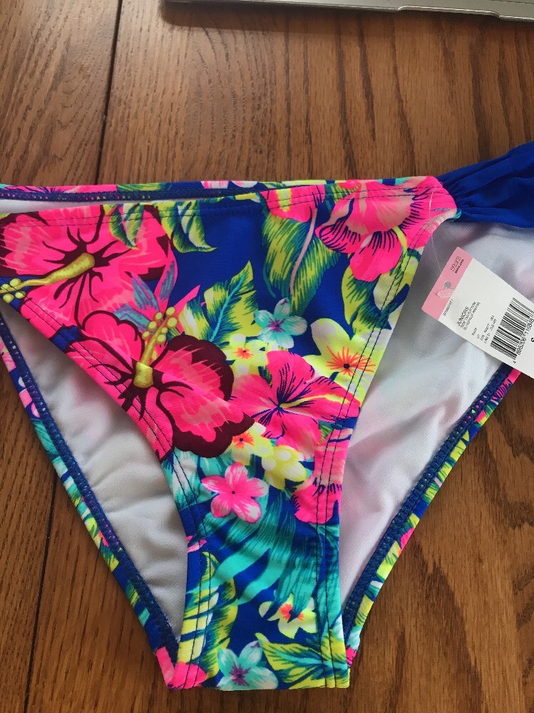 Bongo Women Bikini Side Tab Bottom Palm Print Size S Blue Ships N