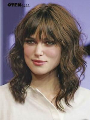 Shoulder Length Wavy Brown Mix Natural Human Hair Blend Heat Ok Wig With Bangs