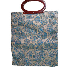 Vintage 60s 70s Expanding Tote Bag Floral Lined Lucite Handle Folding Snap Close