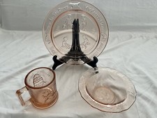 Tiara Indiana Glass Pink Kids Nursery Rhyme Plate Mug Bowl Set Mother Goose