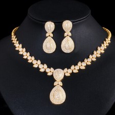 Yellow Gold Plated Drop Leaf Wedding Necklace Earring CZ Jewelry Set for Brides