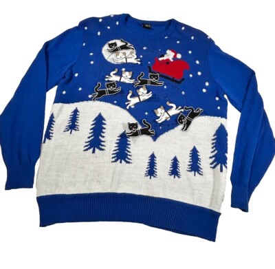 Well Worn Ugly Christmas Sweater Womens sz XXL Blue Cats Santa Winter Holiday