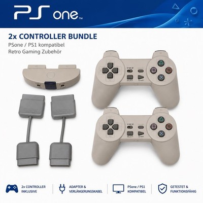 PS1 Controller Set 2x Gamepad + Multitap Adapter PlayStation PS One Grau