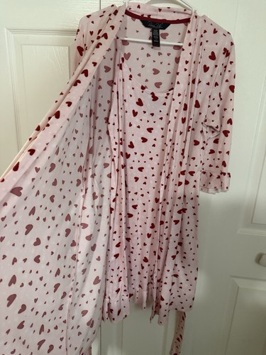 Women's Rene Rofe Pink w Red Hearts Robe Pajama Sleepwear Set Sz M Lightweight - Picture 4 of 12