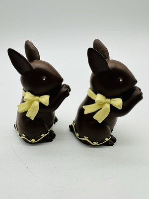 Faux Chocolate Bunny Figurines With Yellow Bows Set of 2  4 inches Retro