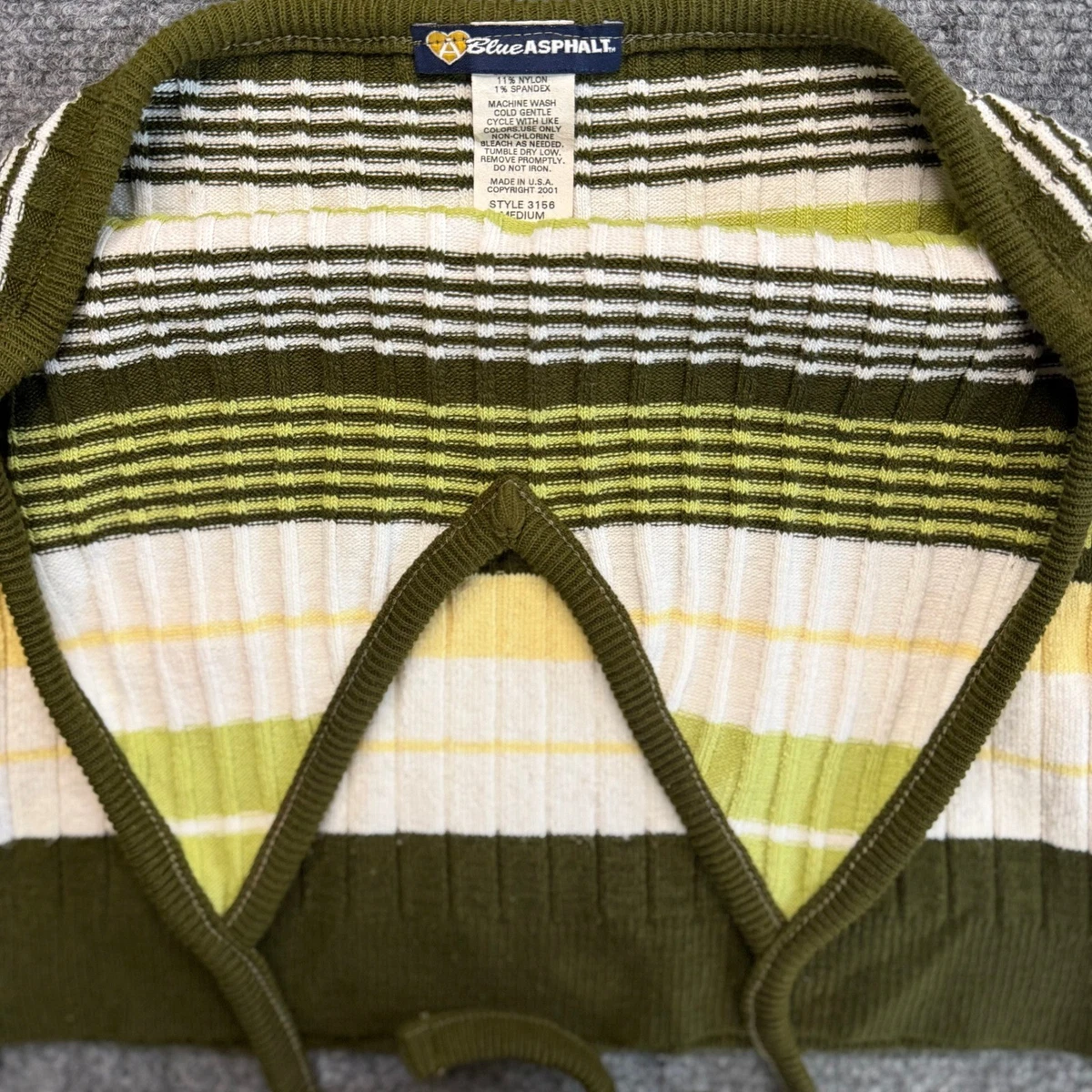Blue Asphalt y2k Wet Seal Halter Top Medium Green Striped Ribbed Knit V-Neck