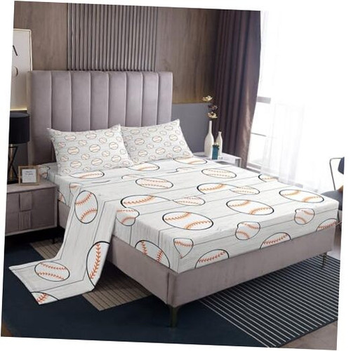 Baseball Sheet Set Queen Size Sports Gaming QUEEN (W60*L80*H16") White Grey