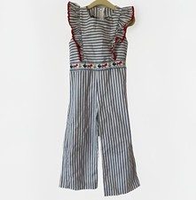 Vintage 1990s Kids Striped Ruffle Jumpsuit with Embroidered Waistband, Size 4